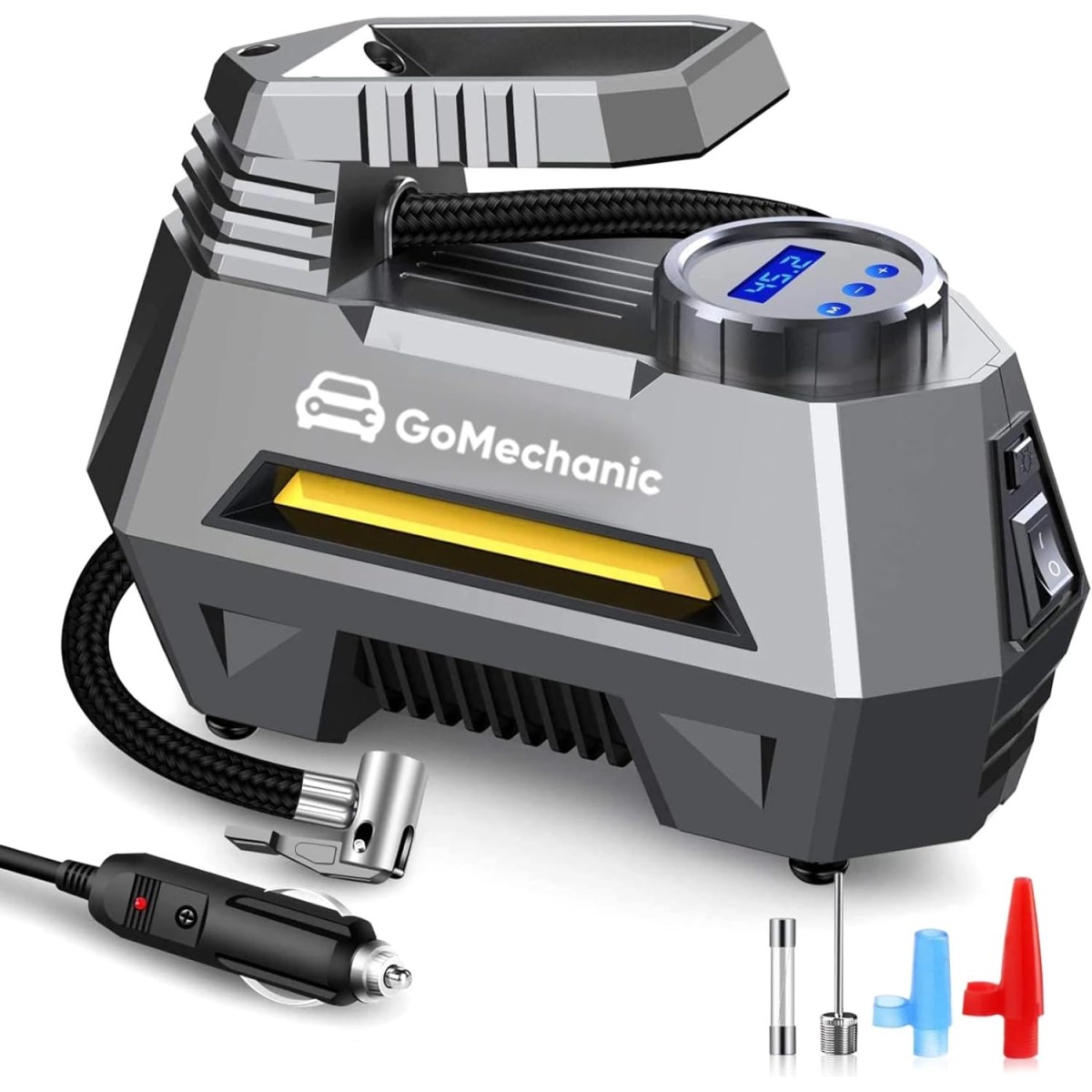 GoMechanic Digital Tyre Inflator for Car - 150 psi, 12V DC Portable Air Pump/Compressor with Digital Tyre Pressure Gauge, Suitable for Bikes, Bicycles or Any Inflatable With LED Light (Gusto T2) Grey