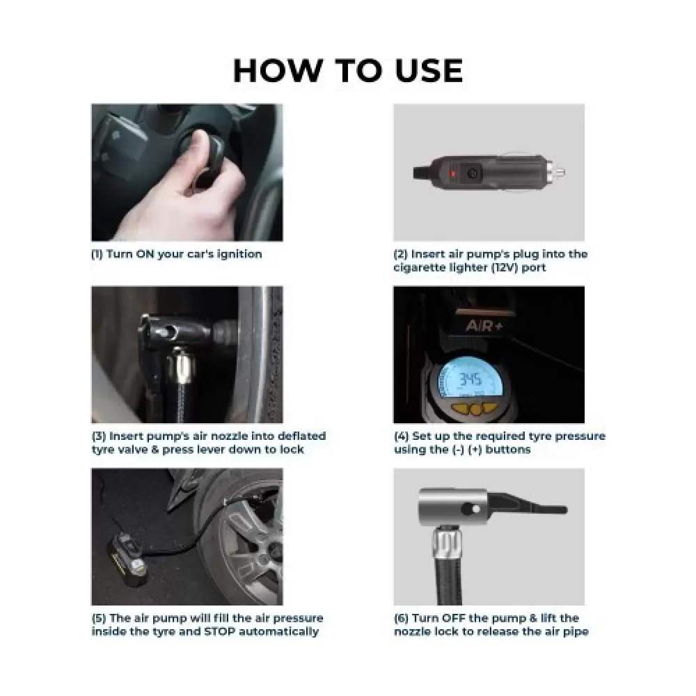 GoMechanic Digital Tyre Inflator for Car - 150 psi, 12V DC Portable Air Pump/Compressor with Digital Tyre Pressure Gauge, Suitable for Bikes, Bicycles or Any Inflatable With LED Light (Gusto T2) Grey