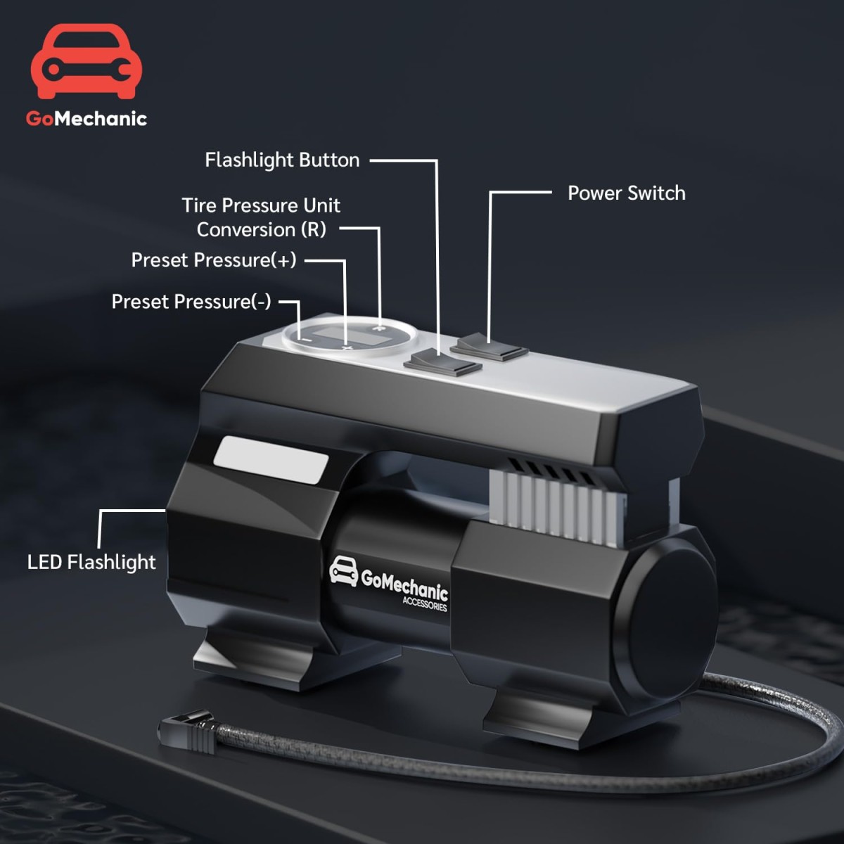 GoMechanic Digital Tyre Inflator for Car - 150 psi, 12V DC Portable Air Pump/Compressor with Digital Tyre Pressure Gauge, Suitable for Bikes, Bicycles or Any Inflatable with LED Light (Gusto T4)