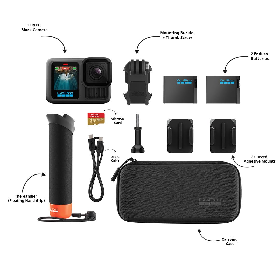 GoPro HERO13 Black Special Bundle Includes - HERO13 Black Camera, Handler, 2-Enduro Batteries, 2-Curved Adhesive Mounts, 64GB MicroSD Card, Hard Carrying Case(1-Yr International+1-Yr India Warranty) GoPro HERO13 Black Special Bundle Includes - HERO13 Black Camera, Handler, 2-Enduro Batteries, 2-Curved Adhesive Mounts, 64GB MicroSD Card, Hard Carrying Case(1-Yr International+1-Yr India Warranty)