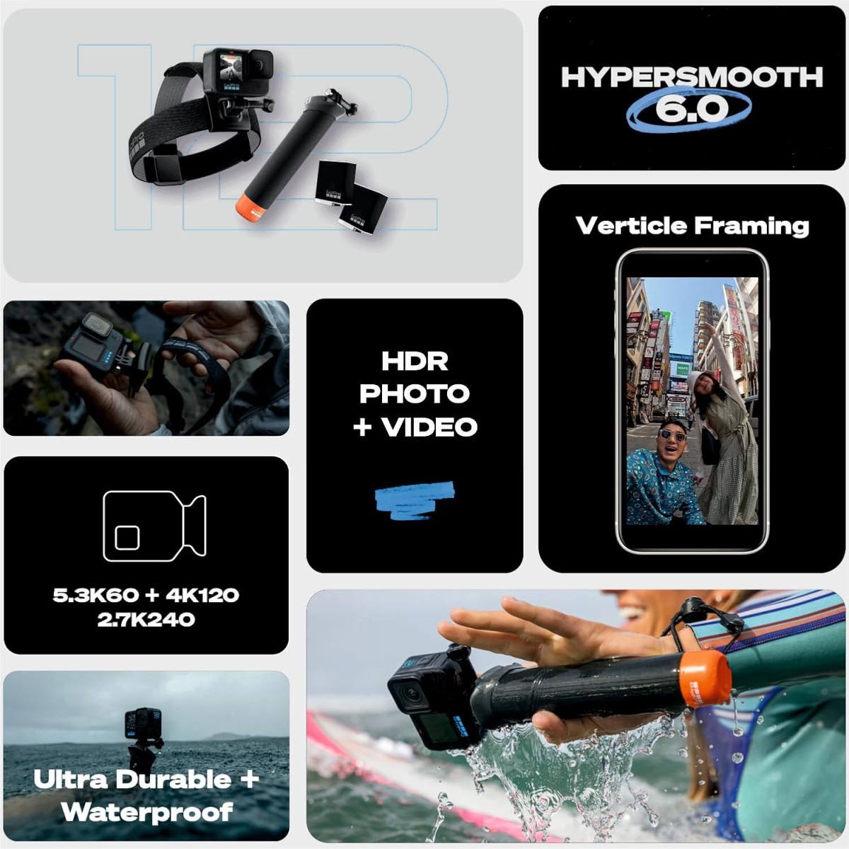 GoPro Hero12 Bundle Pack - Includes Hero12 Action Camera, 2-Batteries, Floating Hand Grip, Head Strap, Curved Adhesive Mount, Mounting Buckle, Carrying Case (1-Yr International + 1-Yr India Warranty)