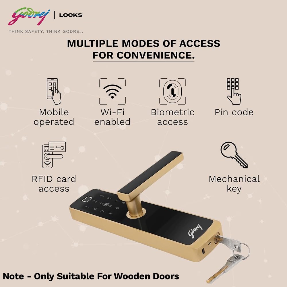 Godrej Catus Connect Digital Lock for Wooden Door | 5 in 1 Access I WiFi I Fingerprint I RFID Card I PIN Access I Mechanical Key I Champagne Gold Finish | Free Installation Godrej Catus Connect Digital Lock for Wooden Door | 5 in 1 Access I WiFi I Fingerprint I RFID Card I PIN Access I Mechanical Key I Champagne Gold Finish | Free Installation