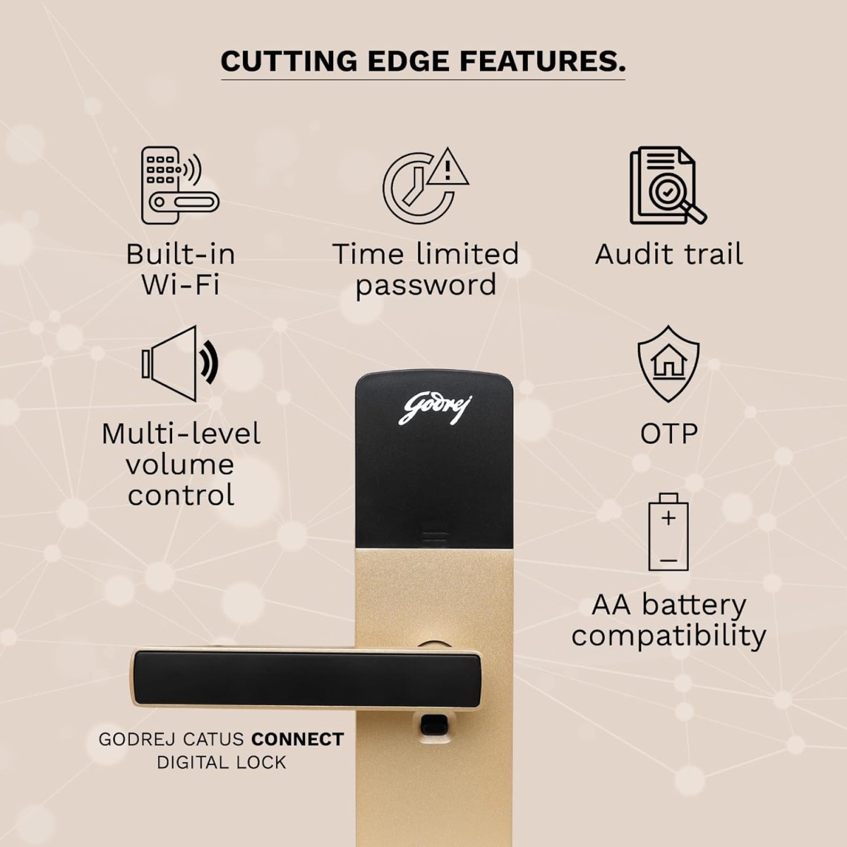 Godrej Catus Connect Digital Lock for Wooden Door | 5 in 1 Access I WiFi I Fingerprint I RFID Card I PIN Access I Mechanical Key I Champagne Gold Finish | Free Installation Godrej Catus Connect Digital Lock for Wooden Door | 5 in 1 Access I WiFi I Fingerprint I RFID Card I PIN Access I Mechanical Key I Champagne Gold Finish | Free Installation