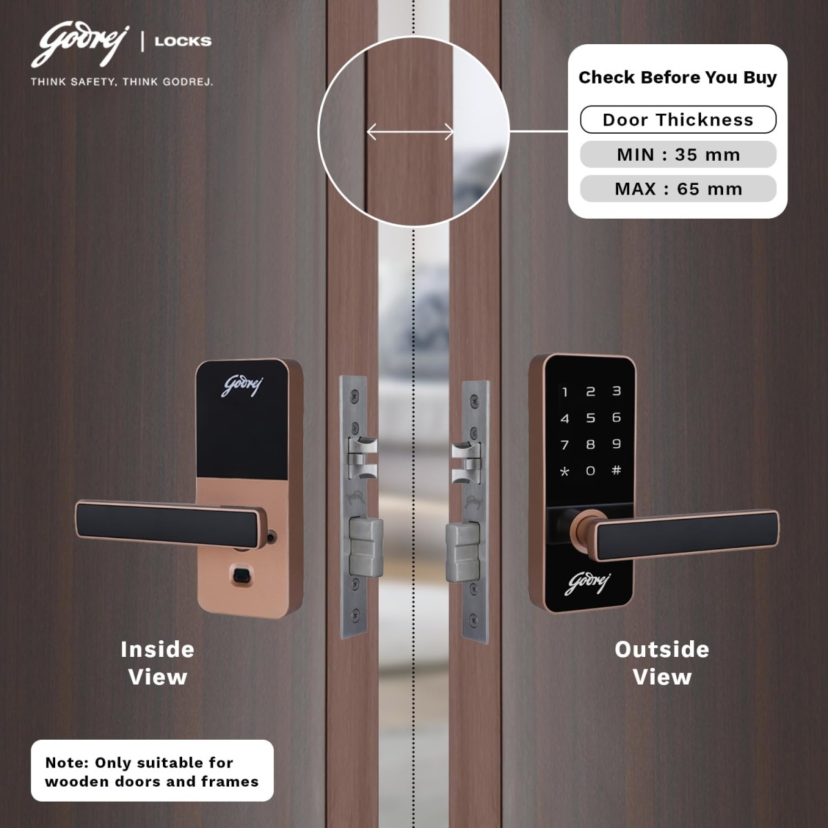 Godrej Smart Lock I Catus Touch I Digital Lock for Main and Internal Wooden Door I 2 in 1 Access I Pin Access I Mechanical Key I Rose Gold Finish I 3 Years Warranty