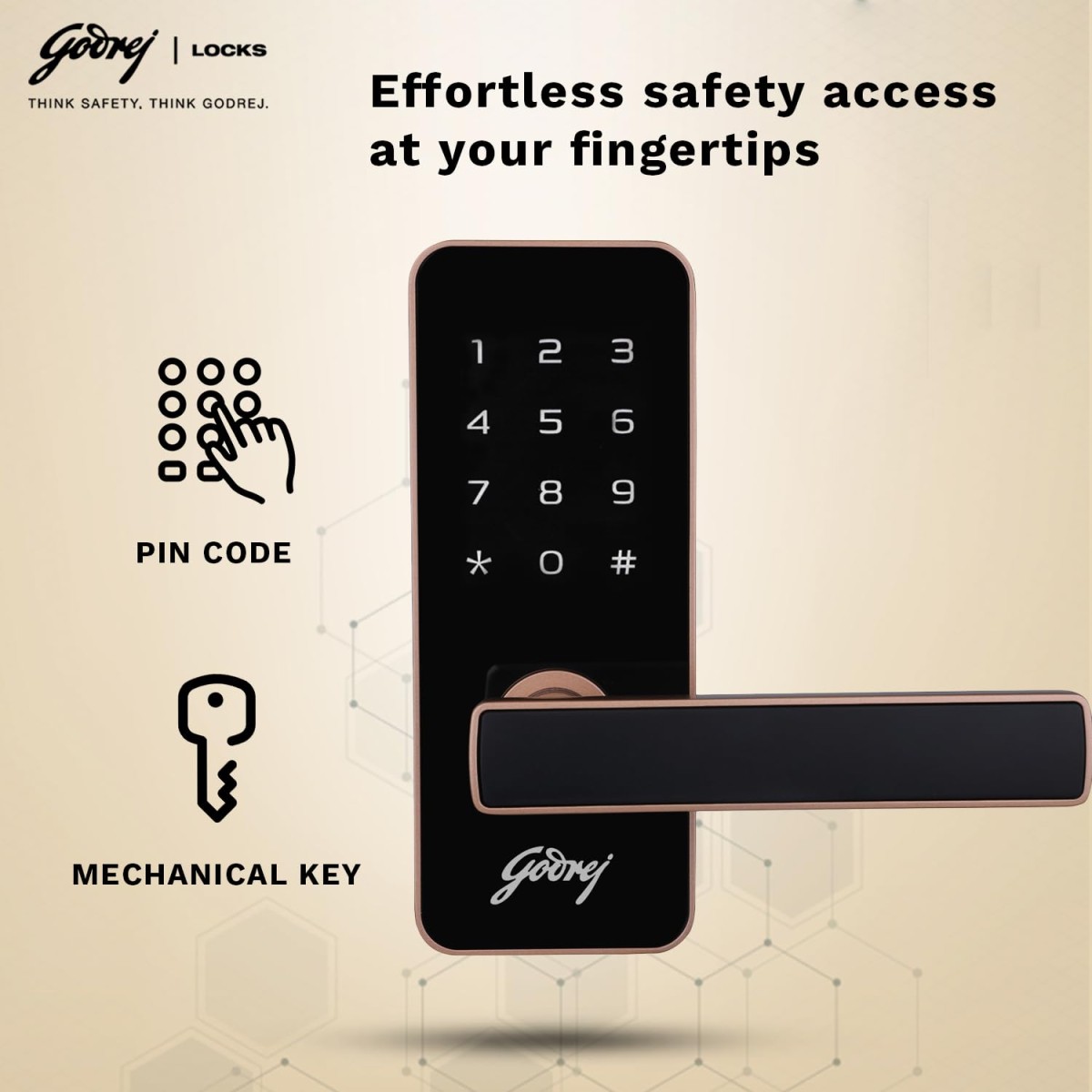 Godrej Smart Lock I Catus Touch I Digital Lock for Main and Internal Wooden Door I 2 in 1 Access I Pin Access I Mechanical Key I Rose Gold Finish I 3 Years Warranty