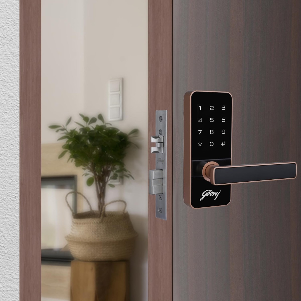 Godrej Smart Lock I Catus Touch I Digital Lock for Main and Internal Wooden Door I 2 in 1 Access I Pin Access I Mechanical Key I Rose Gold Finish I 3 Years Warranty