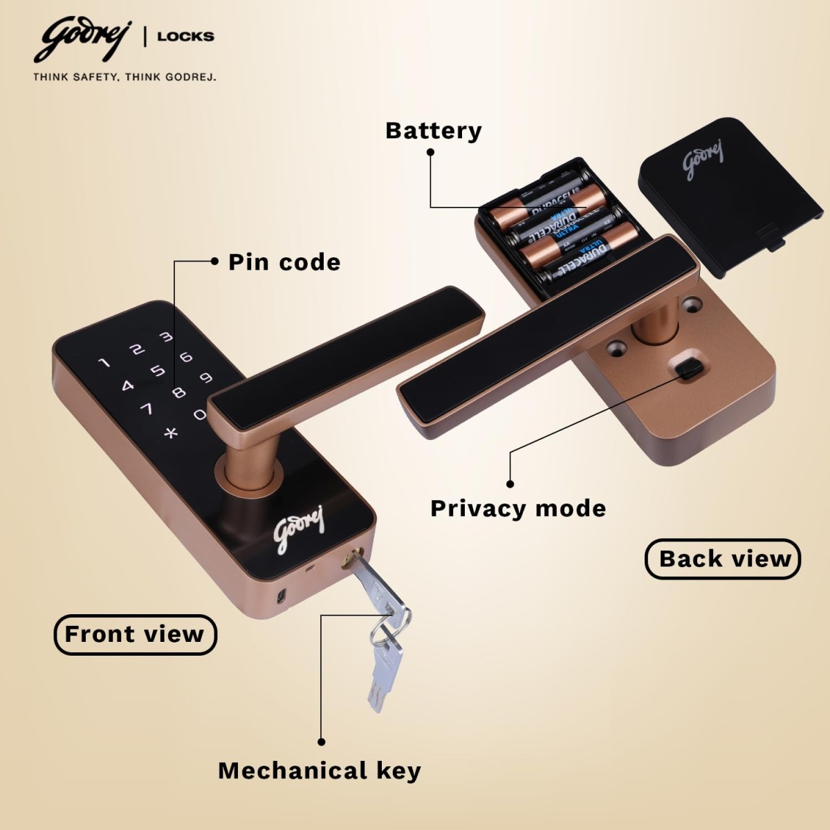 Godrej Smart Lock I Catus Touch I Digital Lock for Main and Internal Wooden Door I 2 in 1 Access I Pin Access I Mechanical Key I Rose Gold Finish I 3 Years Warranty