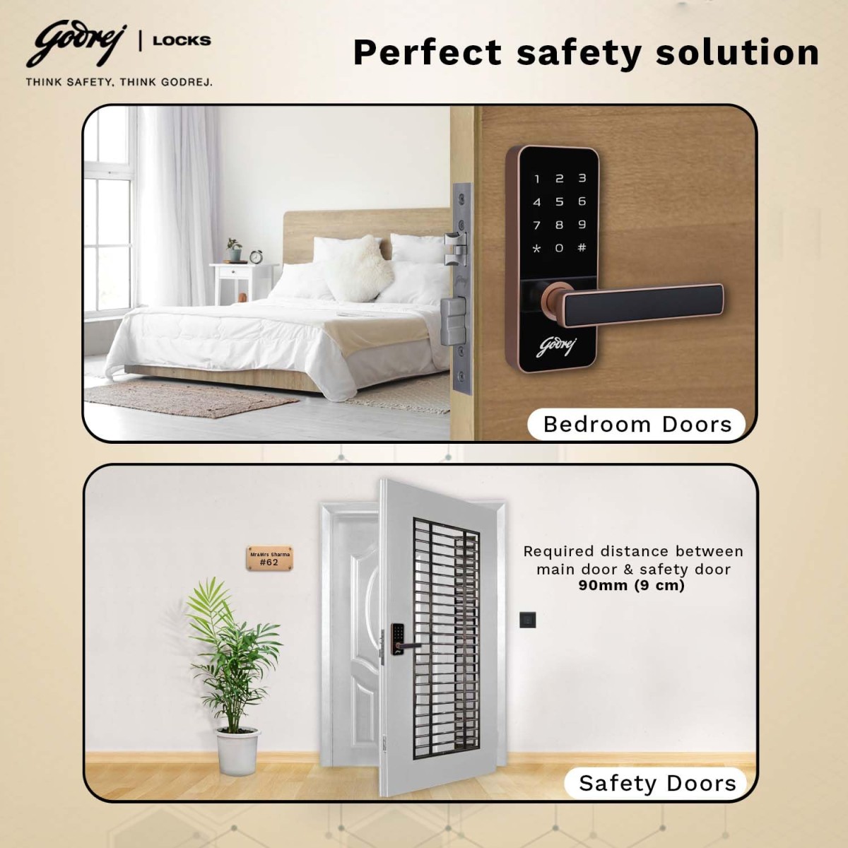 Godrej Smart Lock I Catus Touch I Digital Lock for Main and Internal Wooden Door I 2 in 1 Access I Pin Access I Mechanical Key I Rose Gold Finish I 3 Years Warranty