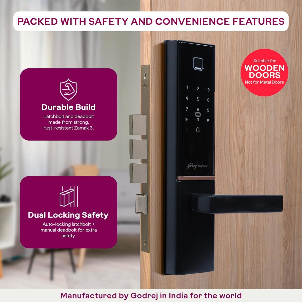 Godrej Smart Lock | The Only 7 in 1 NFC Digital Lock with Scheduled Biometric Access | VDP Compatible | Wooden Door in Home & Offices | Matte Black |3 Yrs Warranty |Made in India |Free Installation Godrej Smart Lock | The Only 7 in 1 NFC Digital Lock with Scheduled Biometric Access | VDP Compatible | Wooden Door in Home & Offices | Matte Black |3 Yrs Warranty |Made in India |Free Installation
