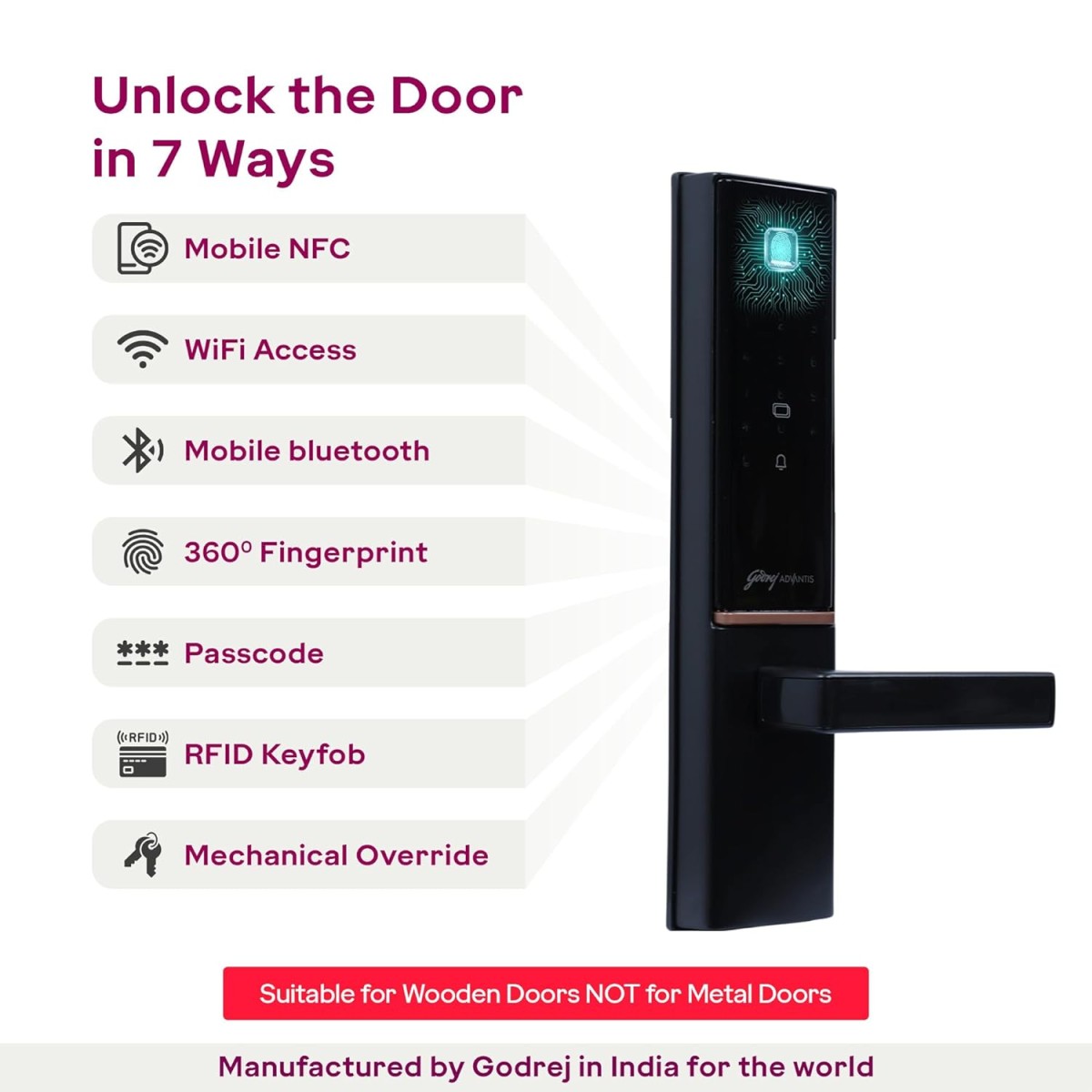 Godrej Smart Lock | The Only 7 in 1 NFC Digital Lock with Scheduled Biometric Access | VDP Compatible | Wooden Door in Home & Offices | Matte Black |3 Yrs Warranty |Made in India |Free Installation Godrej Smart Lock | The Only 7 in 1 NFC Digital Lock with Scheduled Biometric Access | VDP Compatible | Wooden Door in Home & Offices | Matte Black |3 Yrs Warranty |Made in India |Free Installation