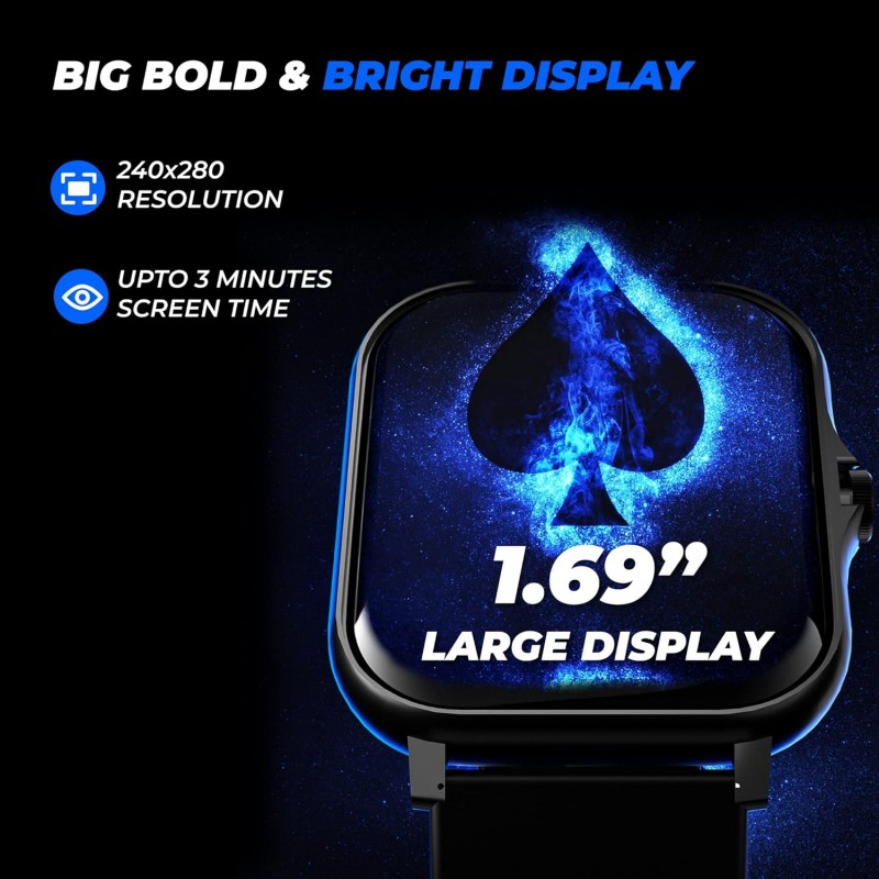 HAMMER Ace 4.0 Calling Smart Watch with Large 1.85" IPS Display, Dual Mode, Spo2, Heart Rate, Strong Metallic Body & Skin Friendly Strap, Black