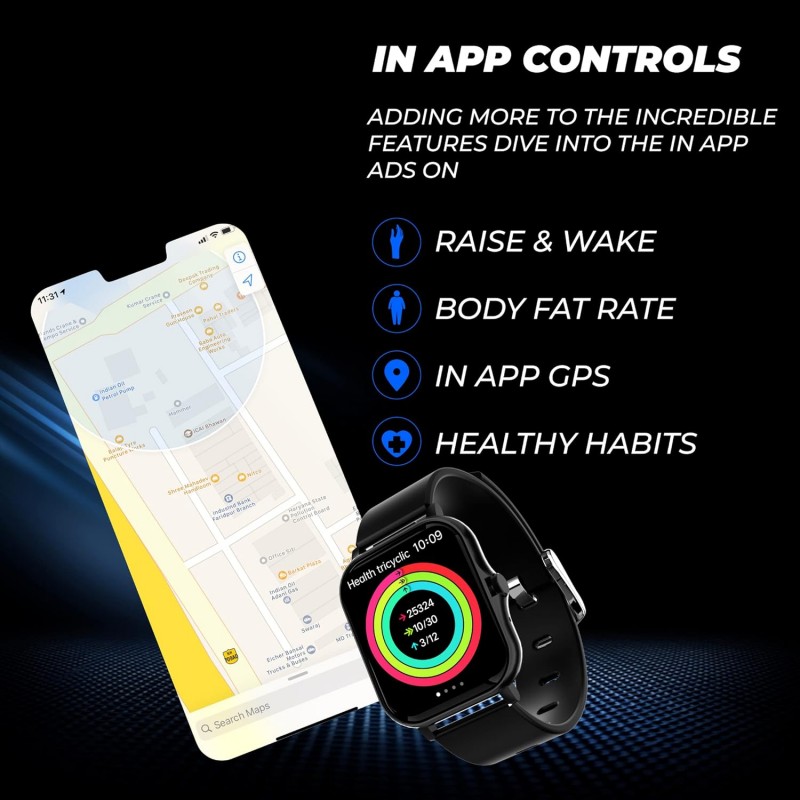 HAMMER Ace 4.0 Calling Smart Watch with Large 1.85" IPS Display, Dual Mode, Spo2, Heart Rate, Strong Metallic Body & Skin Friendly Strap, Black