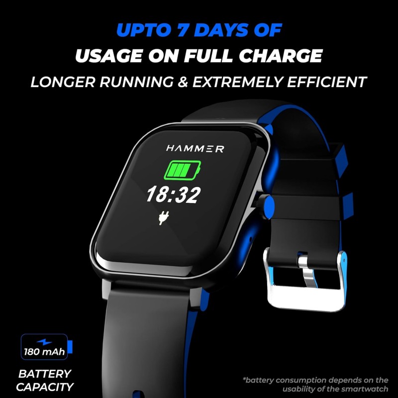 HAMMER Ace 4.0 Calling Smart Watch with Large 1.85" IPS Display, Dual Mode, Spo2, Heart Rate, Strong Metallic Body & Skin Friendly Strap, Black