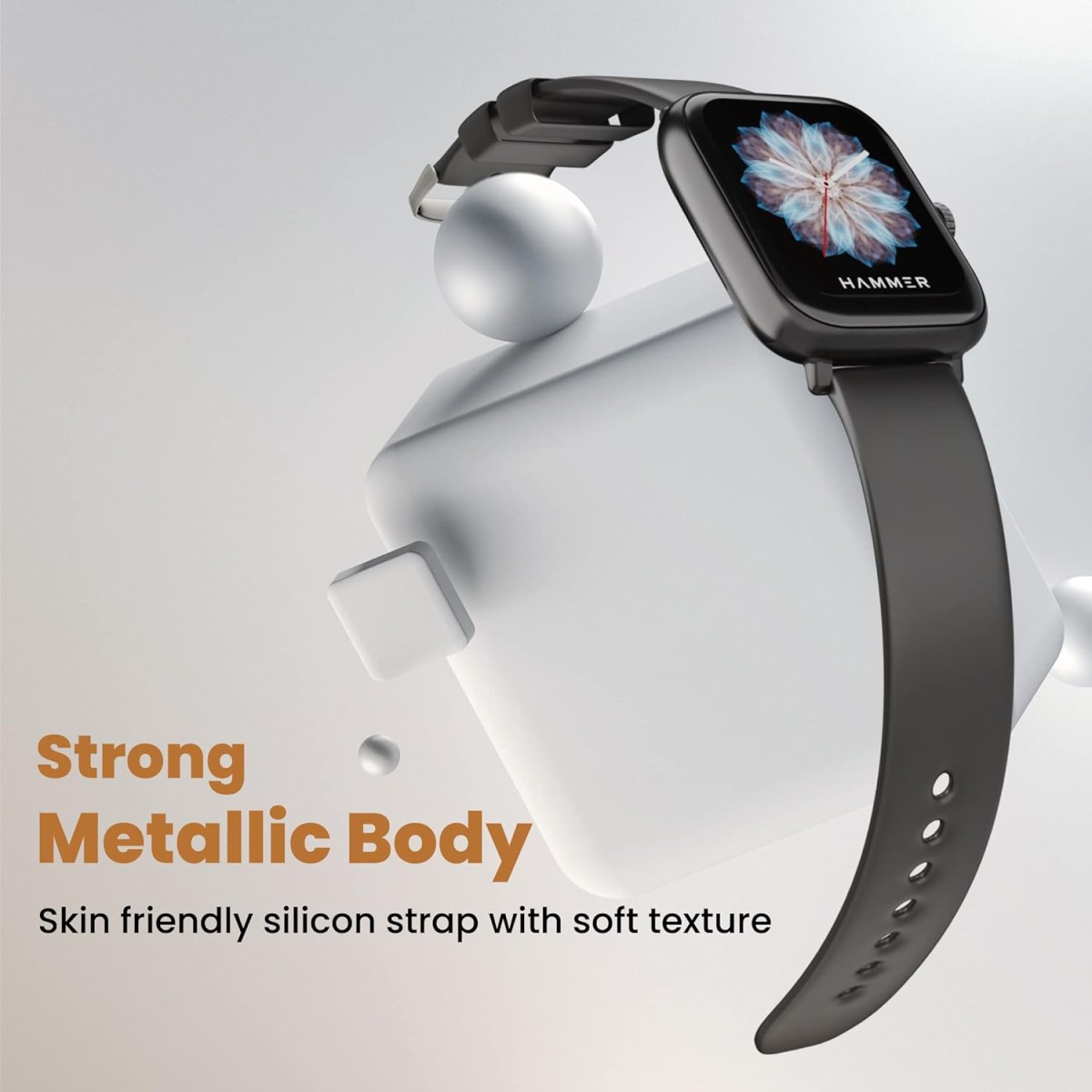 HAMMER Ace 4.0 Calling Smart Watch with Large 1.85" IPS Display, Dual Mode, Spo2, Heart Rate, Strong Metallic Body & Skin Friendly Strap, Black