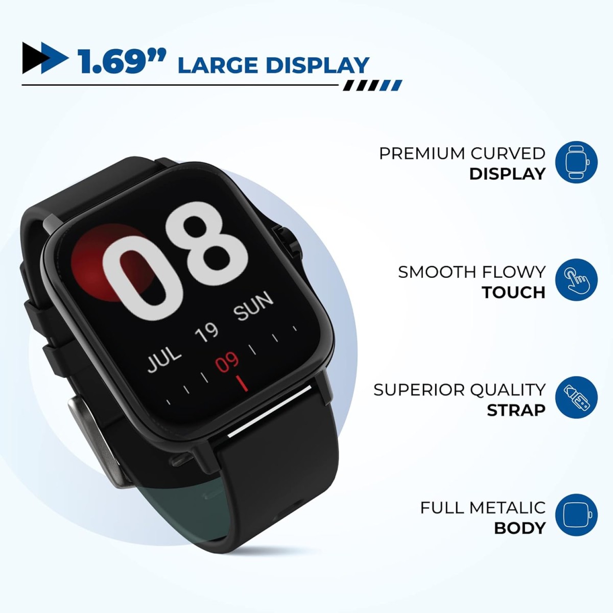 HAMMER Ace 4.0 Calling Smart Watch with Large 1.85" IPS Display, Dual Mode, Spo2, Heart Rate, Strong Metallic Body & Skin Friendly Strap, Black