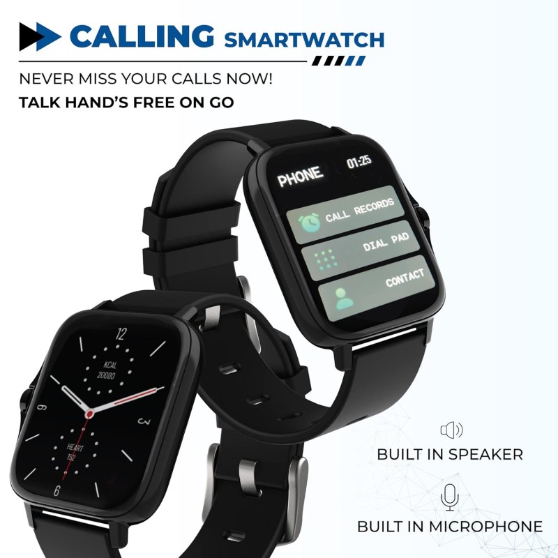 HAMMER Ace 4.0 Calling Smart Watch with Large 1.85" IPS Display, Dual Mode, Spo2, Heart Rate, Strong Metallic Body & Skin Friendly Strap, Black