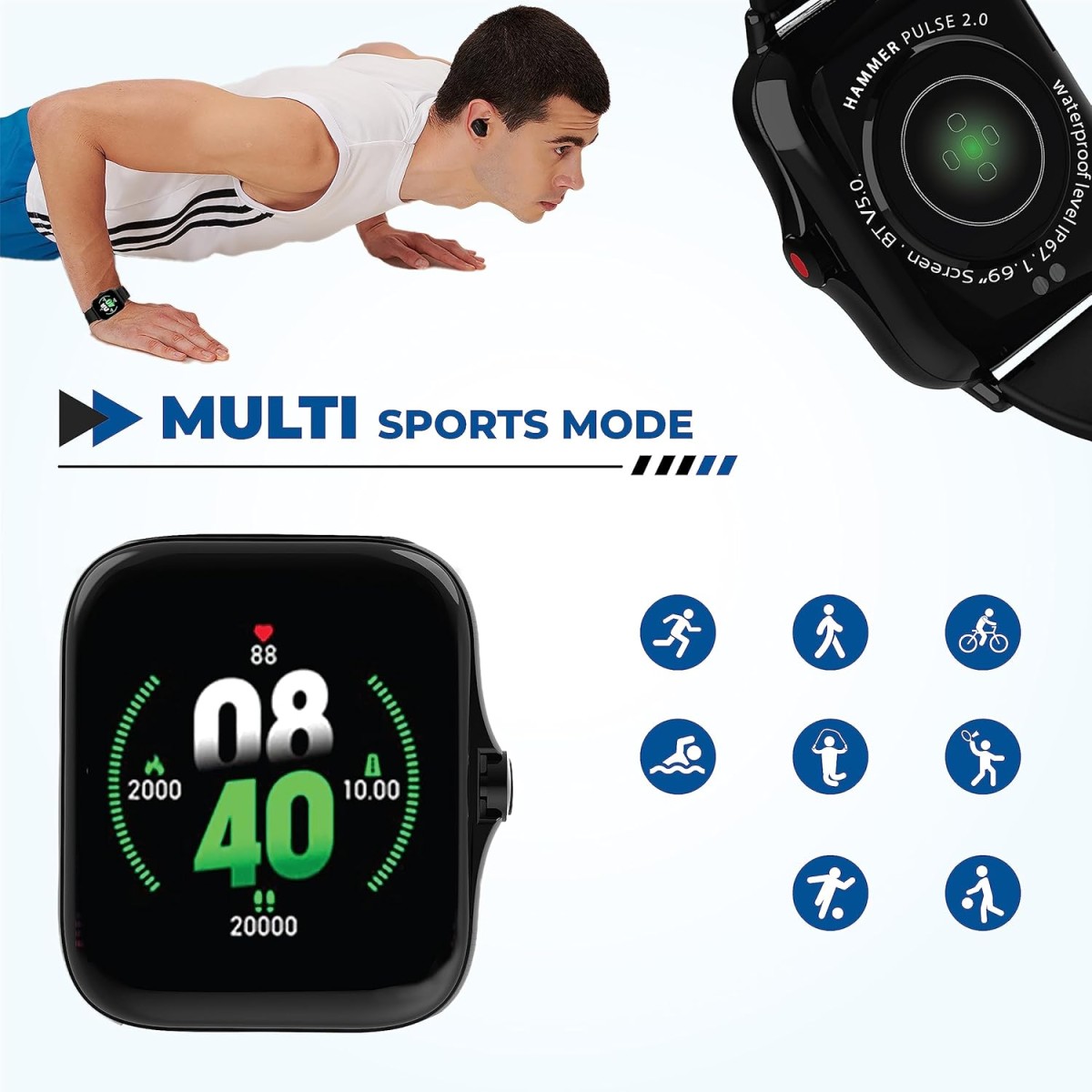 HAMMER Ace 4.0 Calling Smart Watch with Large 1.85" IPS Display, Dual Mode, Spo2, Heart Rate, Strong Metallic Body & Skin Friendly Strap, Black