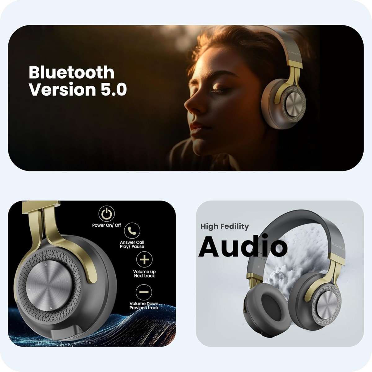 HAMMER Bash 2.0 Over The Ear Wireless Bluetooth Headphones with Mic, Deep Bass, Foldable Headphones