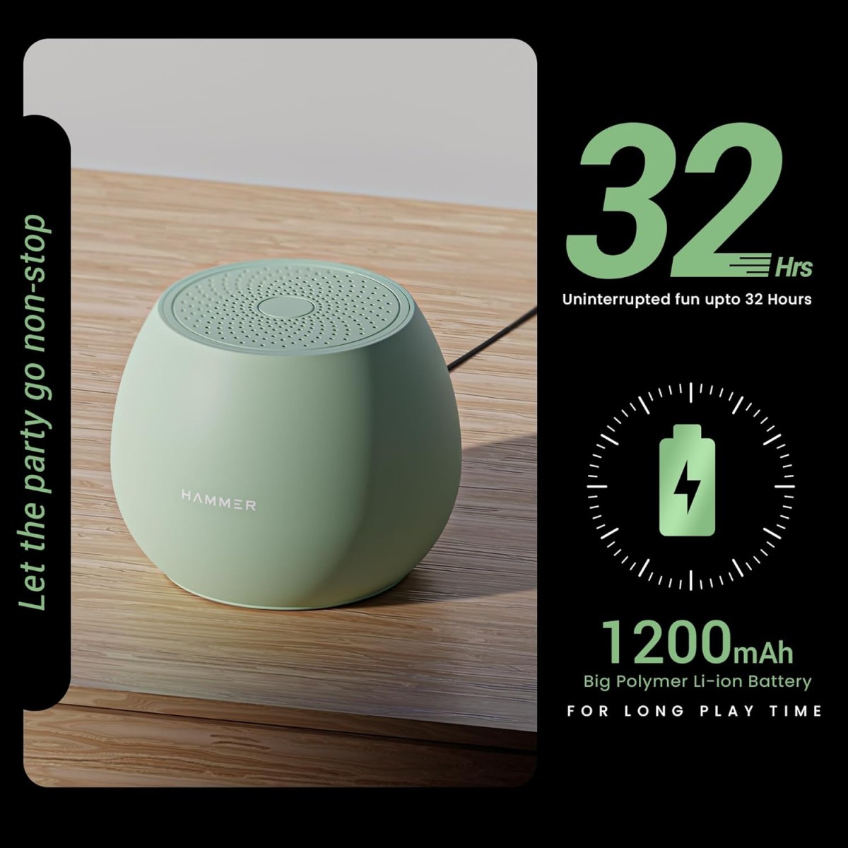HAMMER Drop 5W Bluetooth Wireless Speaker with Twin Pairing, 1200 mAh Battery, 100H Standby Time, TWS Function, TF Card, USB Slot, Auto-Pairing, in-Built Mic, Type-C Charging, 52mm Driver (Green)