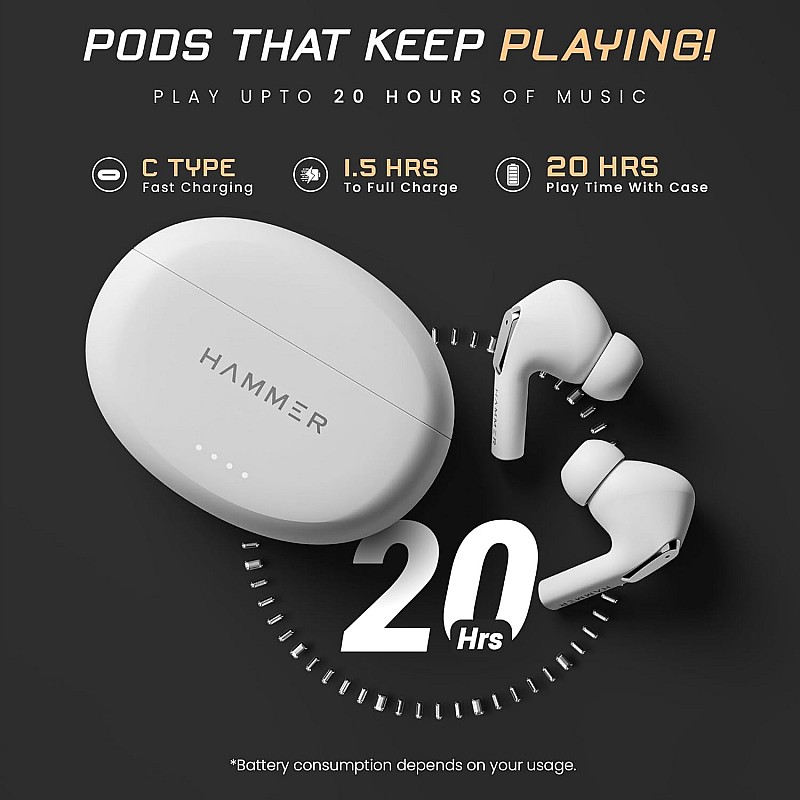 HAMMER Mini Pods True Wireless Earbuds with Upto 20H Playtime, Bookshelf Bluetooth V5.3, Type-C Charging, Touch Controls, Ipx5, Voice Assistant, Made in India (White)