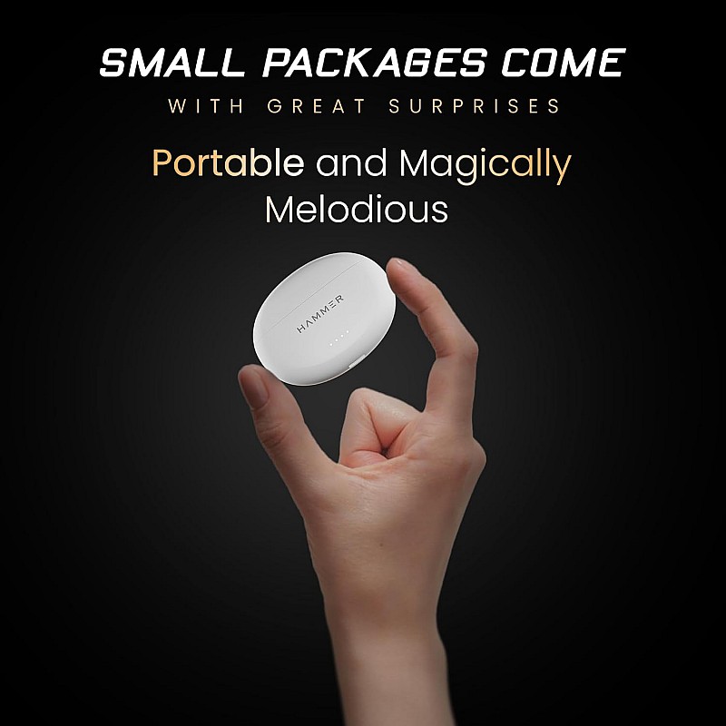 HAMMER Mini Pods True Wireless Earbuds with Upto 20H Playtime, Bookshelf Bluetooth V5.3, Type-C Charging, Touch Controls, Ipx5, Voice Assistant, Made in India (White)