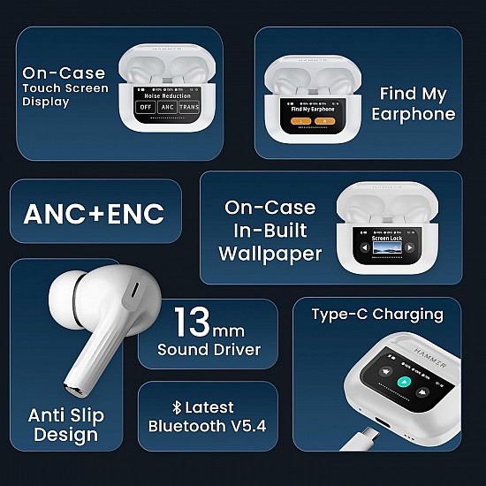 HAMMER Screen TWS, ANC (32Db), Smart Touch Display True Wireless Buds, Type-C Fast Charging, Bv5.4, Find My in Ear Earbuds, 4 Mics Enc for Clear Calling, Transparency Mode, Eq Mode (White)