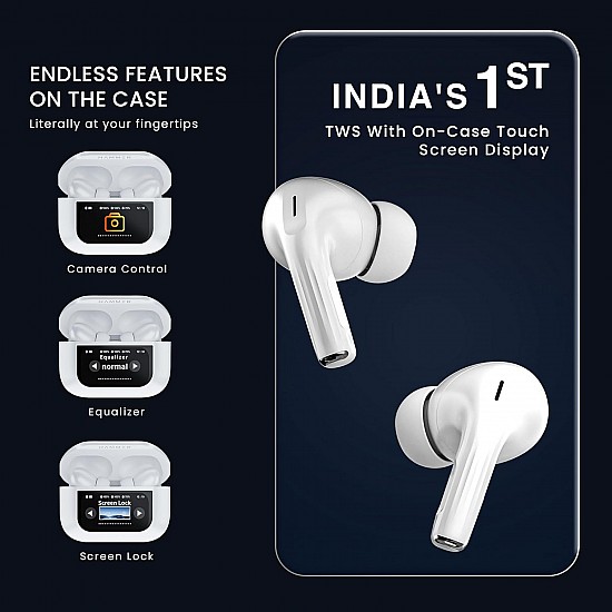 HAMMER Screen TWS, ANC (32Db), Smart Touch Display True Wireless Buds, Type-C Fast Charging, Bv5.4, Find My in Ear Earbuds, 4 Mics Enc for Clear Calling, Transparency Mode, Eq Mode (White)