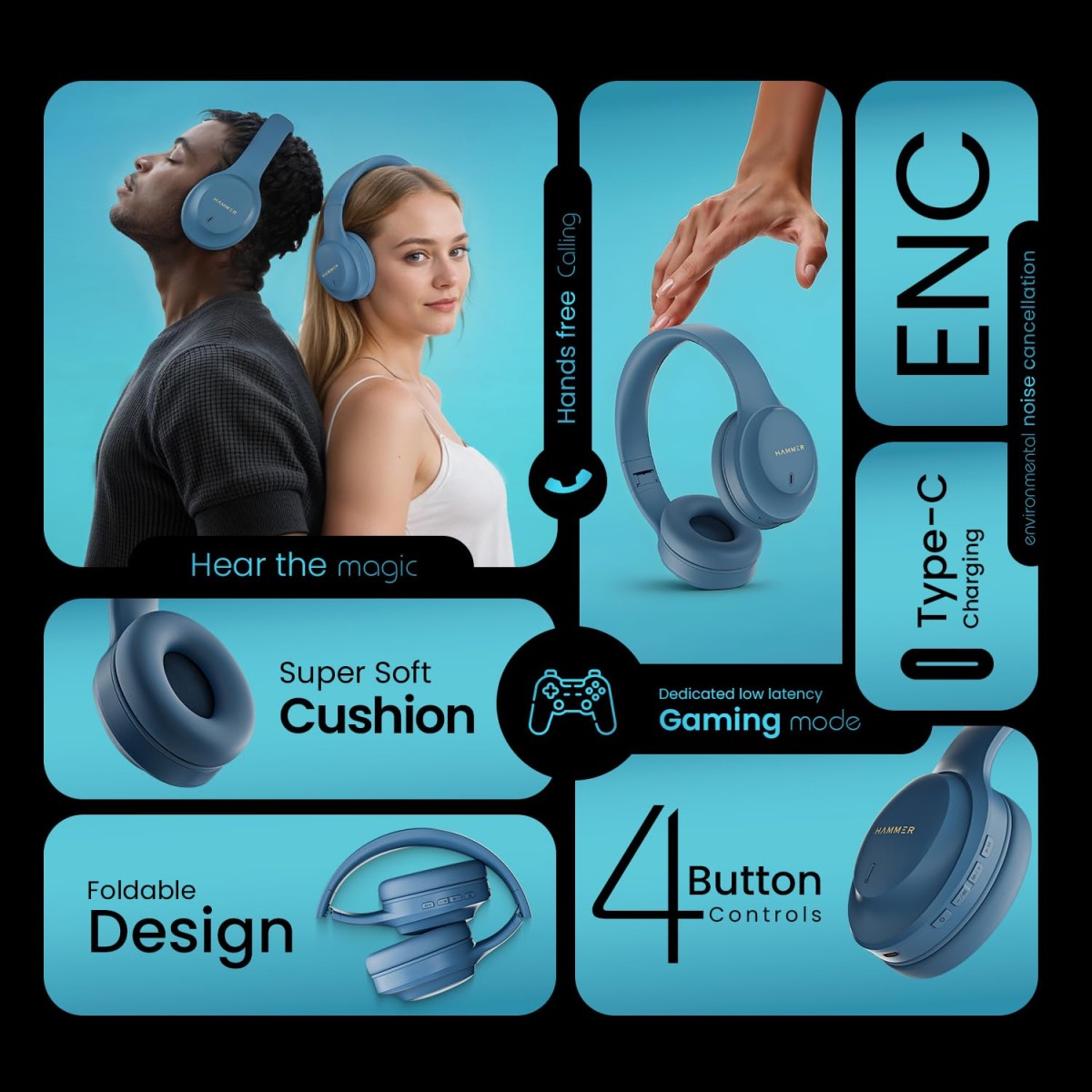 HAMMER Vibe ENC Bluetooth Headphone, 40mm Driver, Dual Pairing