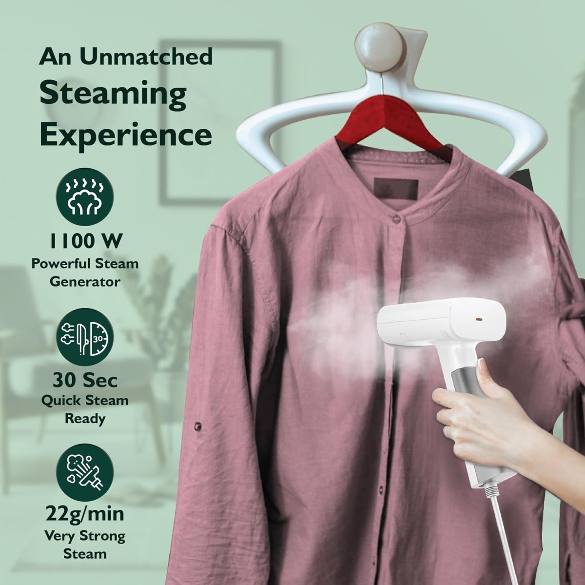 HAVELLS Vela Handheld Garment Steamer for Clothes | 1100 Watt | 360° Steaming | Anti-Spill Technology | Quick Steam Ready |100ml Detachable Tank | Upto 22g/min Steaming Rate | 2 Year Warranty | White