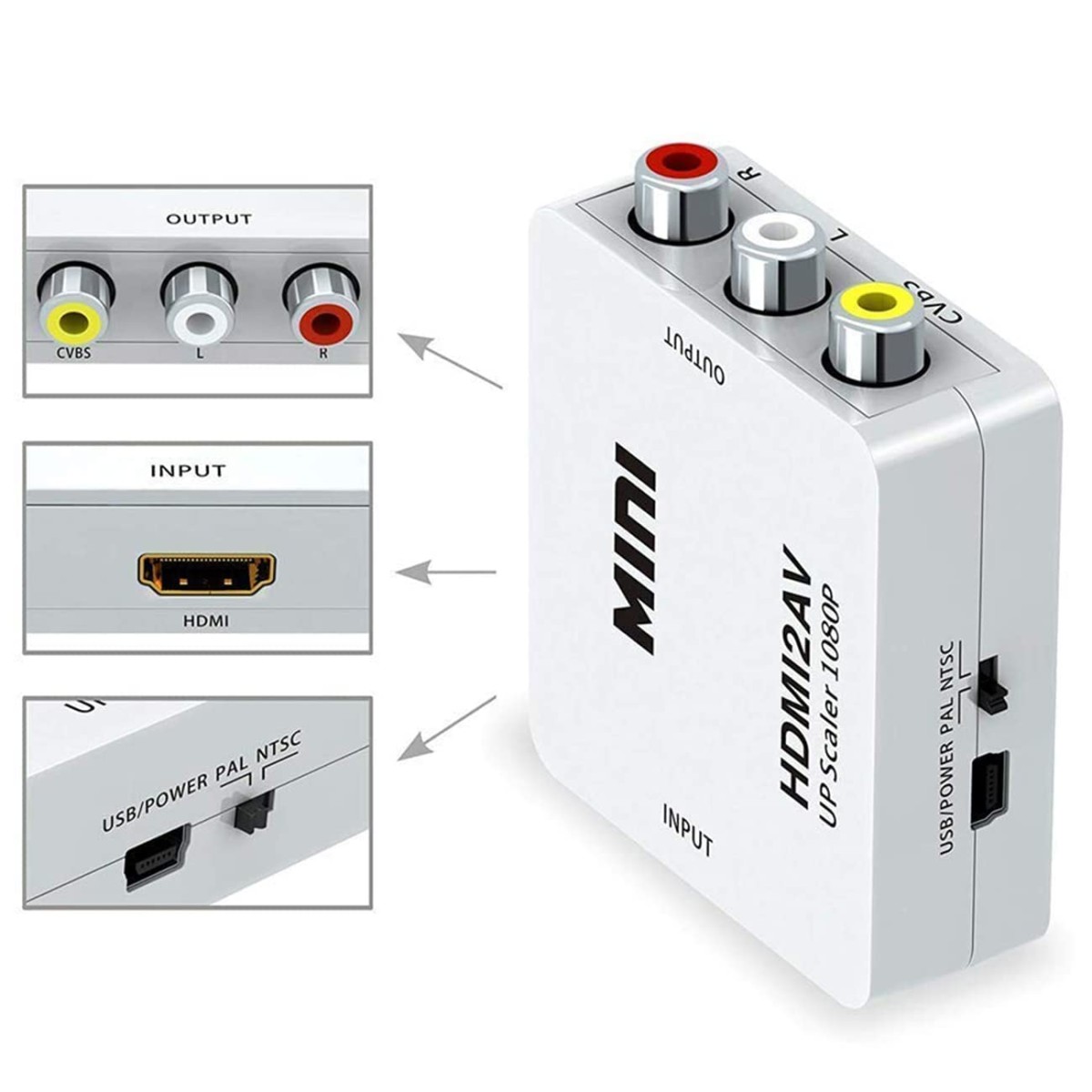 HDMI to RCA, HDMI to AV, 1080P HDMI to 3RCA CVBS AV Composite Video Audio Converter Adapter Supports PAL/NTSC for TV/PC/ PS3/ STB/Xbox VHS/VCR/Blue-Ray DVD Players with USB Charge Cable