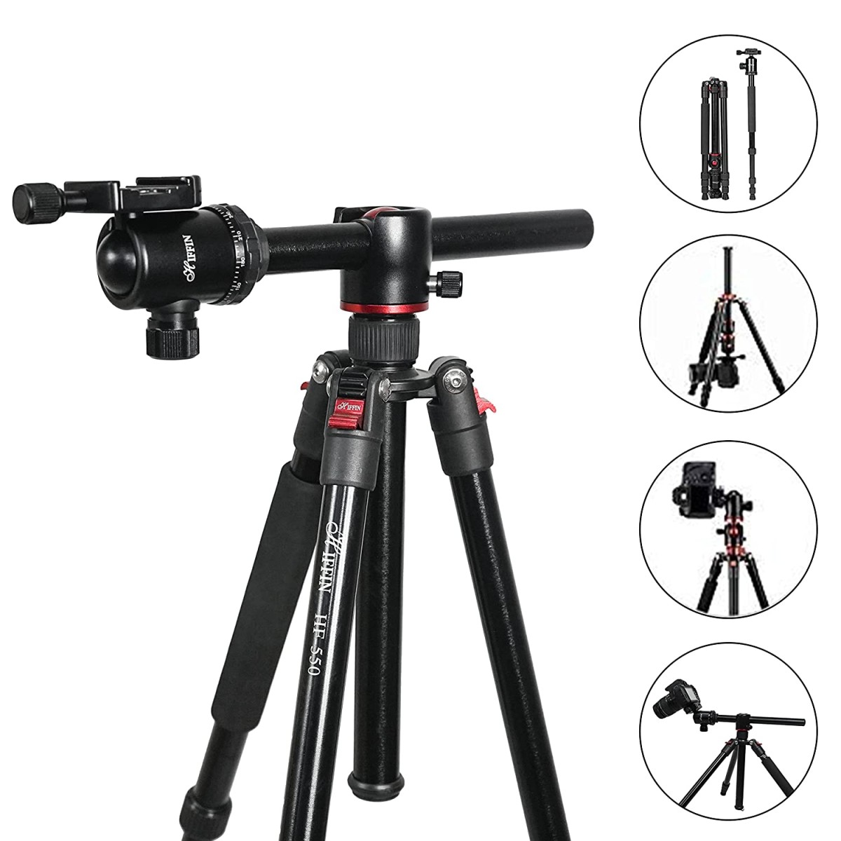 HIFFIN HF-550 Tripod, 65″ inch Special Quality Camera Tripod for Canon Nikon 360 Degree Ball Head, Travel and Work (Black)