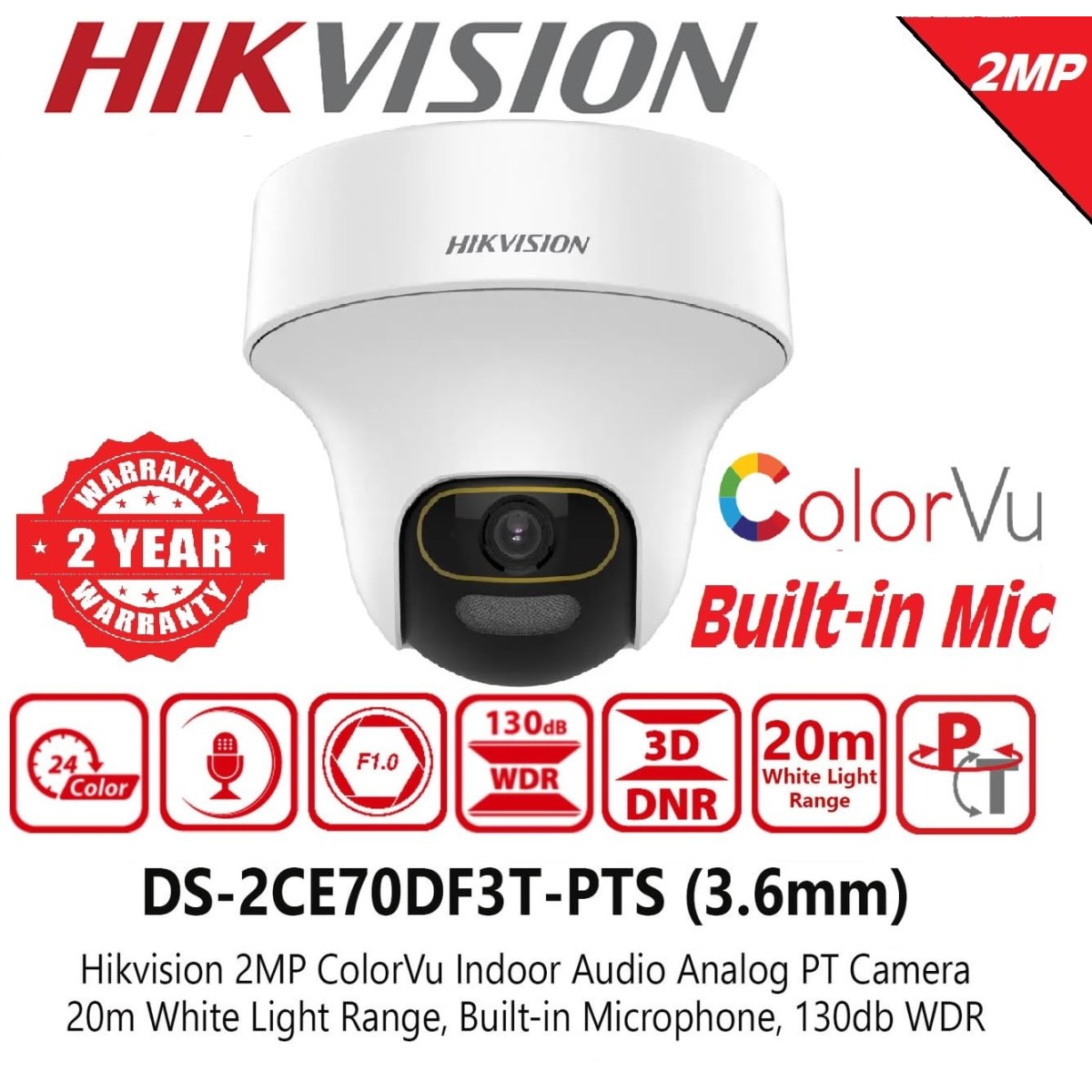 HIKVISION 2MP ColorVu Audio PT 360° Built-in Mic IR White Light with Solid Light Alarm Motion Detection 2MP HD Indoor CCTV Camera White HIKVISION 2MP ColorVu Audio PT 360° Built-in Mic IR White Light with Solid Light Alarm Motion Detection 2MP HD Indoor CCTV Camera White