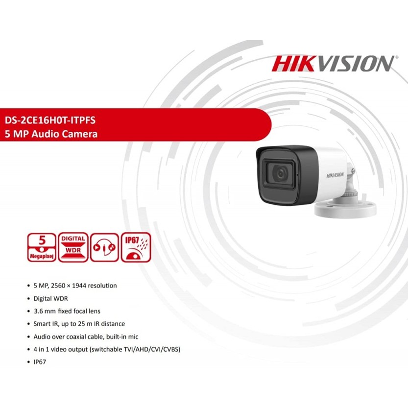 HIKVISION 5 MP Outdoor Bullet CCTV Ethernet Camera with inbuilt Audio Mic IP67 DS-2CE16H0T-ITPFS + BNC/DC, 1080p White HIKVISION 5 MP Outdoor Bullet CCTV Ethernet Camera with inbuilt Audio Mic IP67 DS-2CE16H0T-ITPFS + BNC/DC, 1080p White