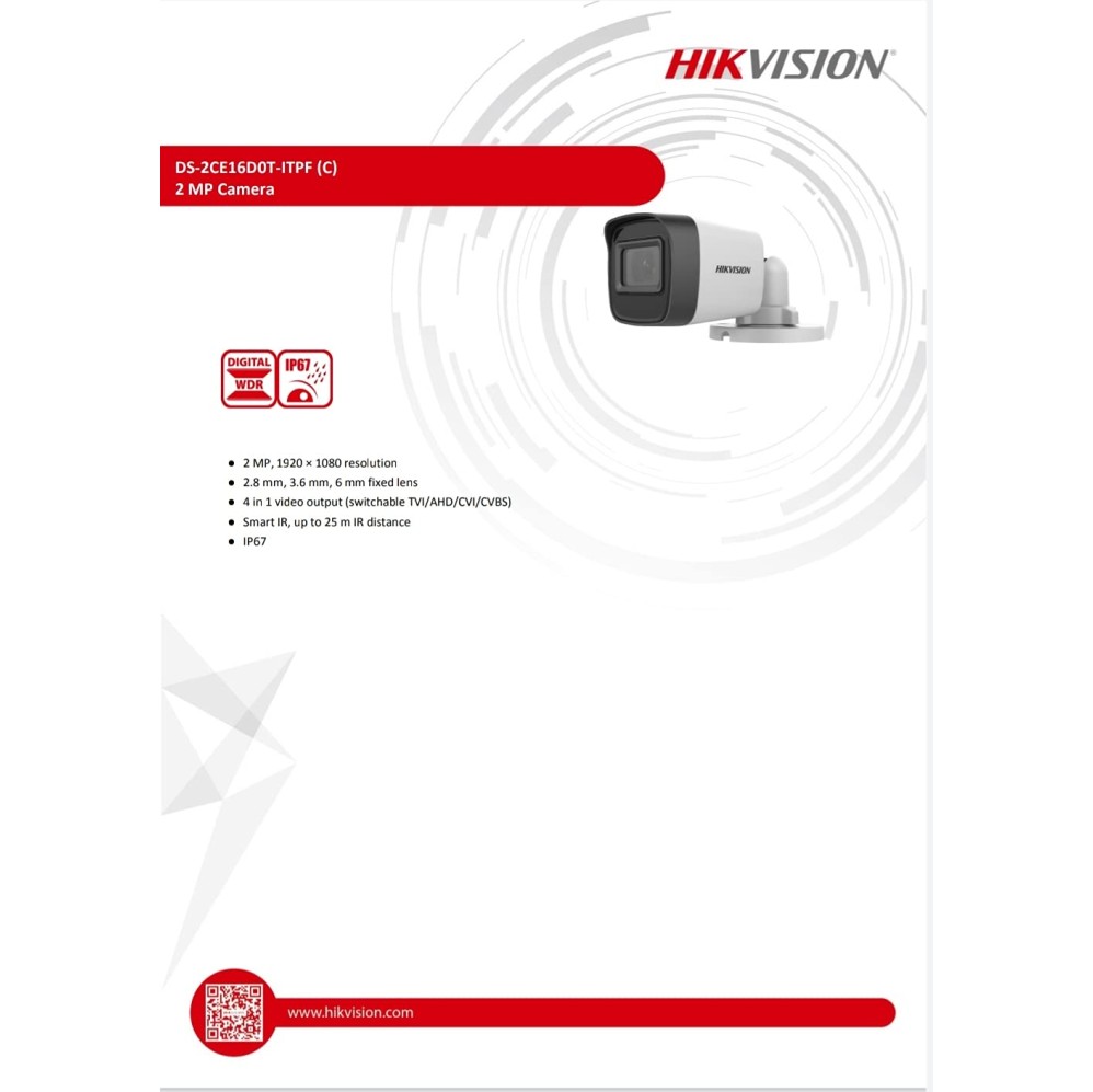 HIKVISION 2MP Outdoor Bullet Wired CCTV 1080p Camera [DS-2CE1AD0T-ITP/ECO] White