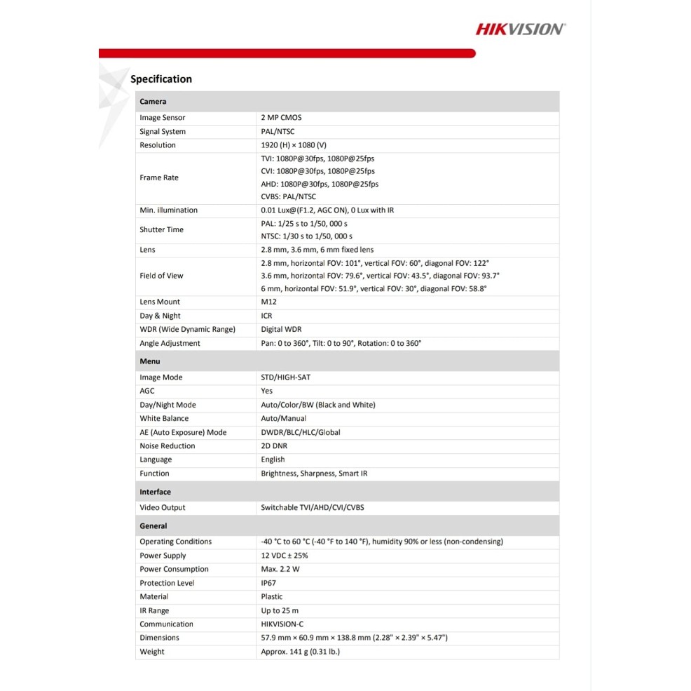 HIKVISION 2MP Outdoor Bullet Wired CCTV 1080p Camera [DS-2CE1AD0T-ITP/ECO] White