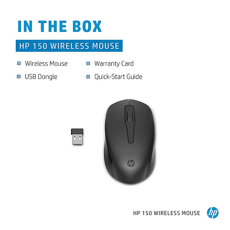 HP 150 Wireless Mouse,1600 DPI, 10 m Range, 2.4 GHz USB dongle for Instant connectivity, Ambidextrous, Ergonomic Black