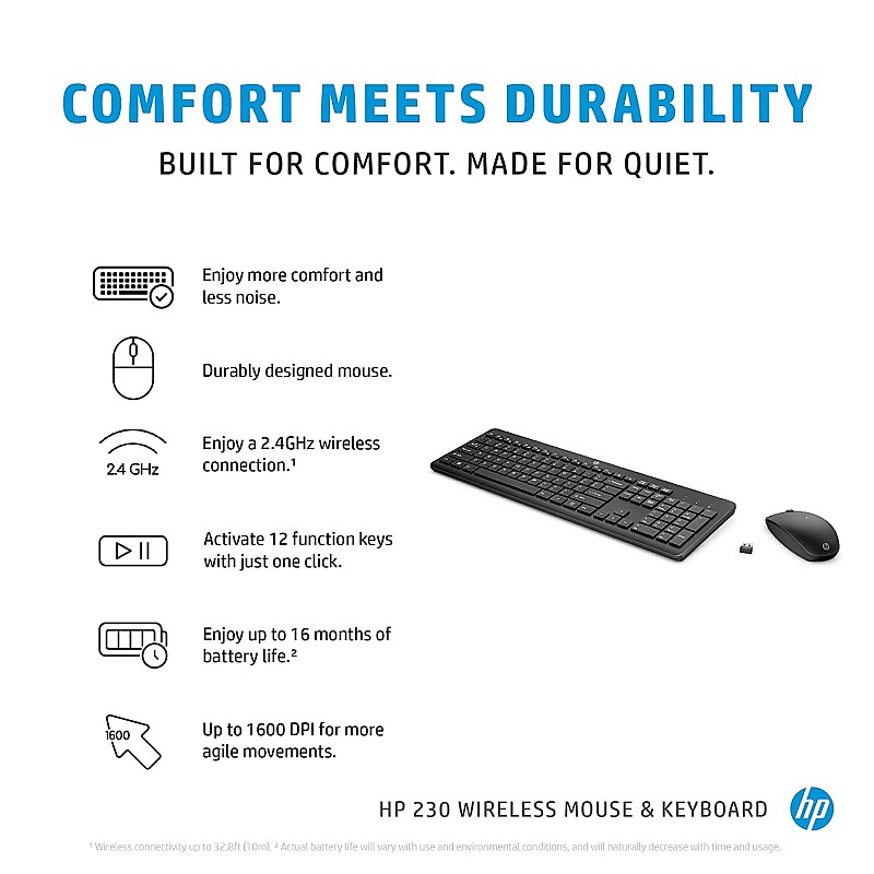 HP 230 Wireless Black Keyboard and Mouse Combo 1600 DPI (18H24AA)