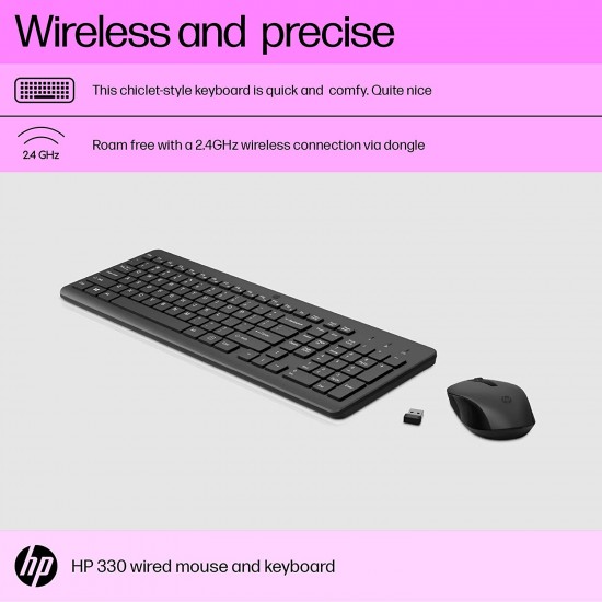 HP 330 Wireless Black Keyboard and Mouse Set with Numeric Keypad, 2.4GHz Wireless Connection and 1600 DPI