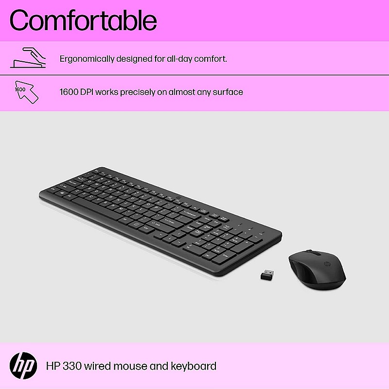 HP 330 Wireless Black Keyboard and Mouse Set with Numeric Keypad, 2.4GHz Wireless Connection and 1600 DPI