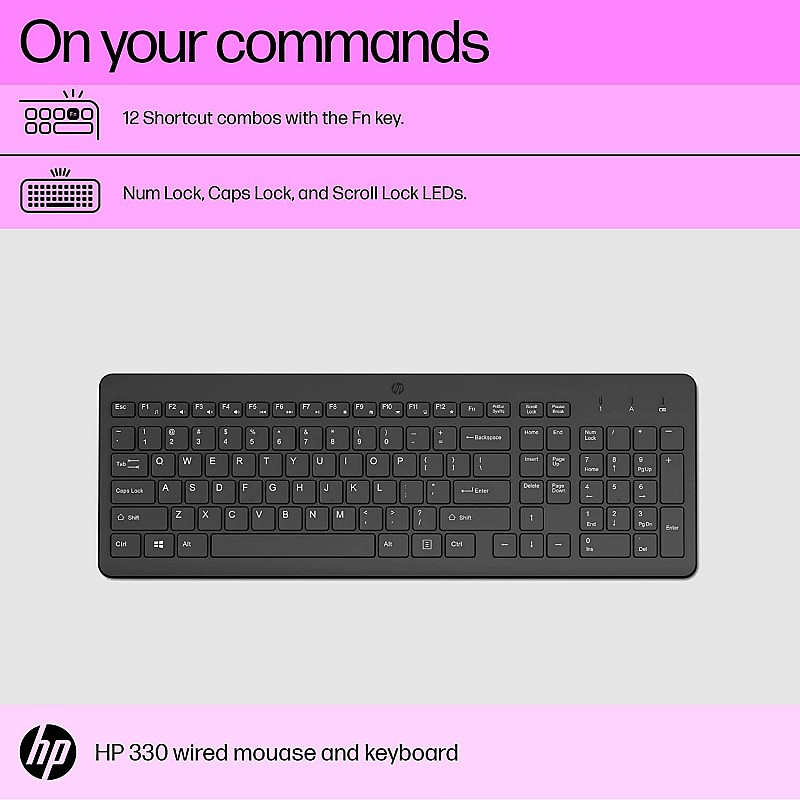 HP 330 Wireless Black Keyboard and Mouse Set with Numeric Keypad, 2.4GHz Wireless Connection and 1600 DPI