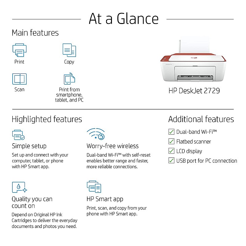 HP Deskjet 2729 WiFi Colour Printer, Scanner and Copier for Home/Small Office, Dual-Band Wi-Fi, Voice Activated Printing