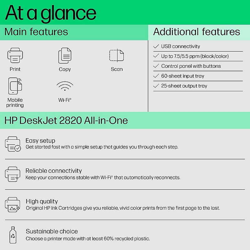 HP Deskjet 2820 WiFi Colour Printer - Print/Scan/Copy Ideal for Home