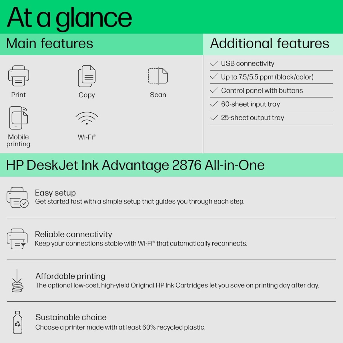 HP Ink Advantage 2876 WiFi Colour Printer - Print/Scan/Copy Ideal for Home