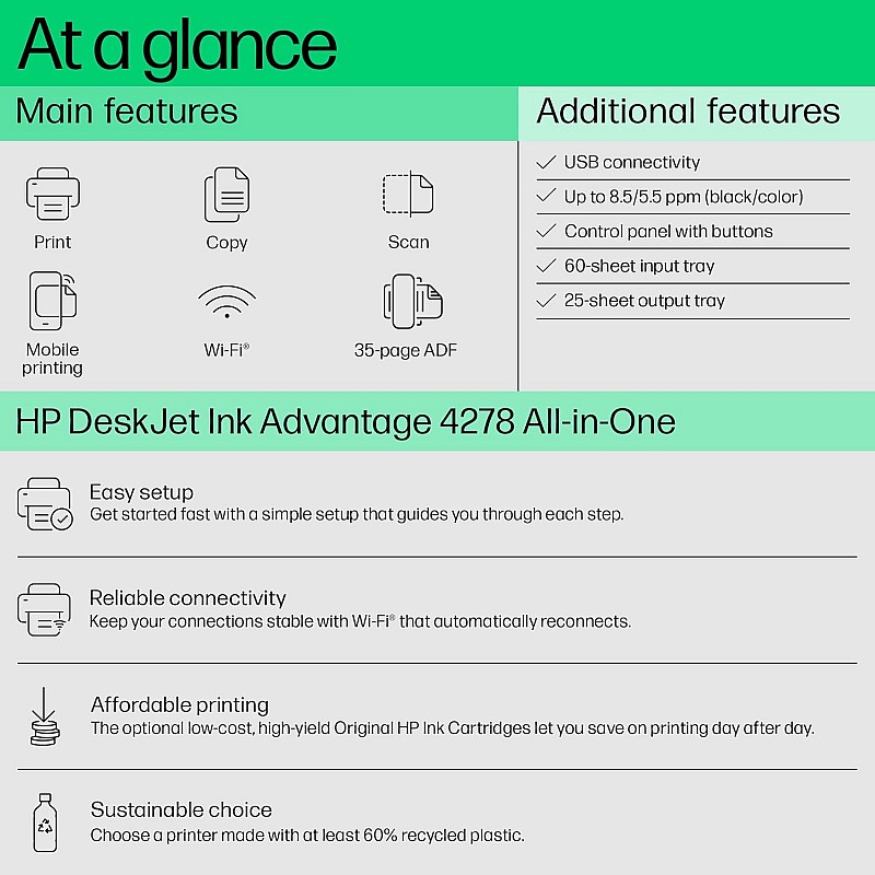 HP Ink Advantage 4278 WiFi Colour Printer - Print/Scan/Copy with ADF Ideal for Home/Small Office