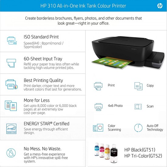 HP Ink Tank 310 Colour Printer, Scanner and Copier for Home/Office Refurbished