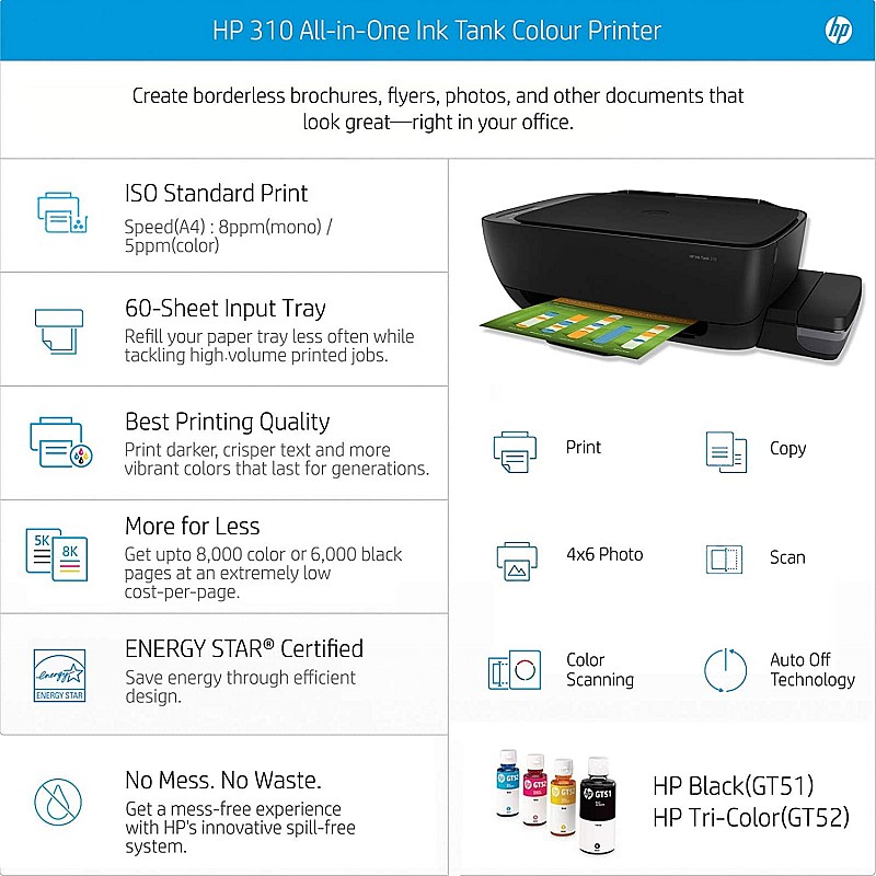 HP Ink Tank 310 Colour Printer, Scanner and Copier for Home/Office, High Capacity Tank (Pre Ink Loaded)