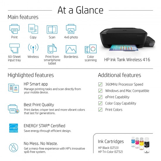 HP Ink Tank 416 WiFi Colour Printer Scanner and Copier for Home-Office High Capacity Tank Printer