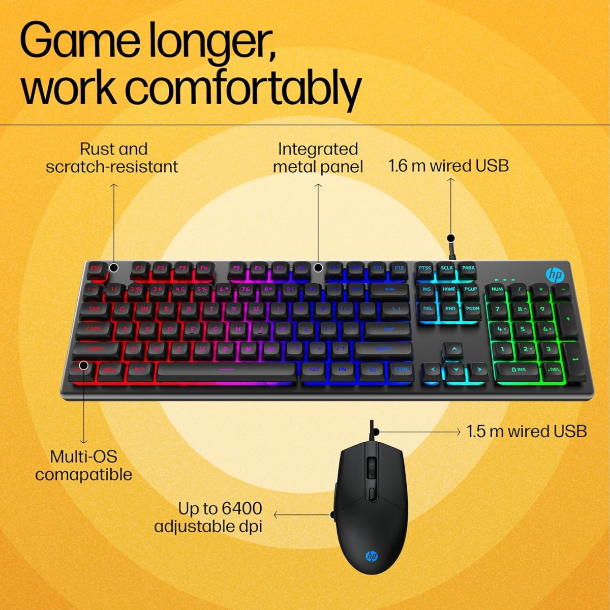 HP KM300F Wired USB Gaming Keyboard and Mouse Set, Membrane Backlit, 26 Keys Anti-Ghosting, 3 LED Indicators & 3D 6K USB Mouse with 6400DPI,Six-Speed Cyclic Resolution Switching, Black