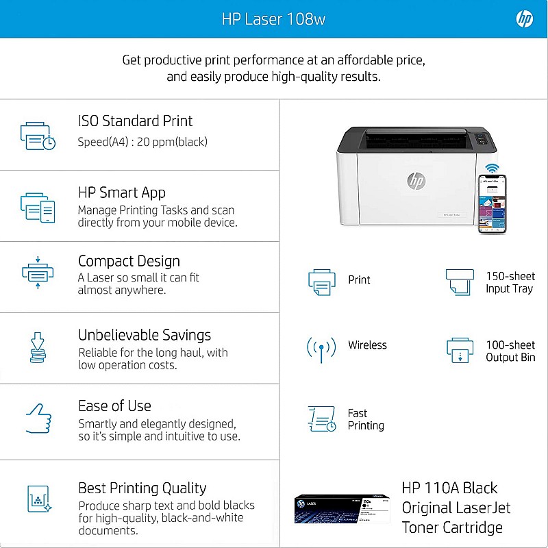 HP Laserjet 108w Single Function Monochrome Laser Wi-Fi Printer for Home/Office, Compact Design, Printing