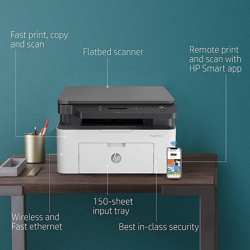 HP Laserjet 136nw WiFi Printer, Print Copy Scan, Compact Design, Reliable and Fast Printing, Network Support Refurbished 